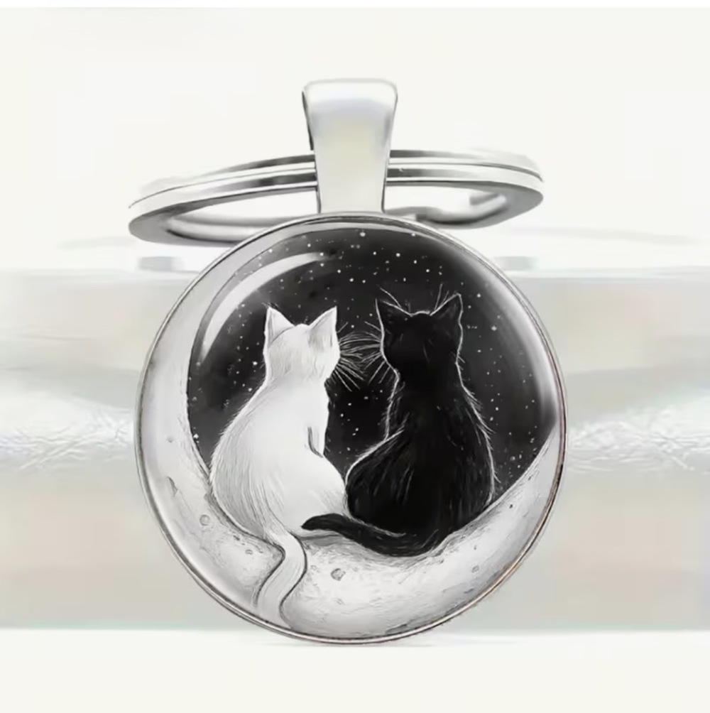 3/$25 Black & White Moon Cats Keychain  Mystical Cat Lover Gift Keychain NEW